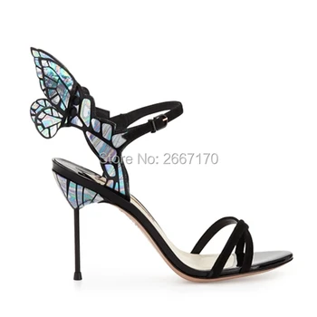 

Chic New Design Butterfly Winged Summer Shoes Woman Open Toe Stiletto High Heels Buckle Strap Ladies Black Sandals Plus Size 42