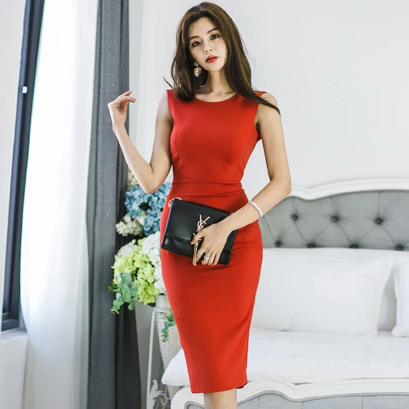 Сексуальное Красное женское платье с открытой спиной и оборками, летнее платье без рукавов для офиса, женское облегающее платье Vestidos, женские платья-карандаш с бантом