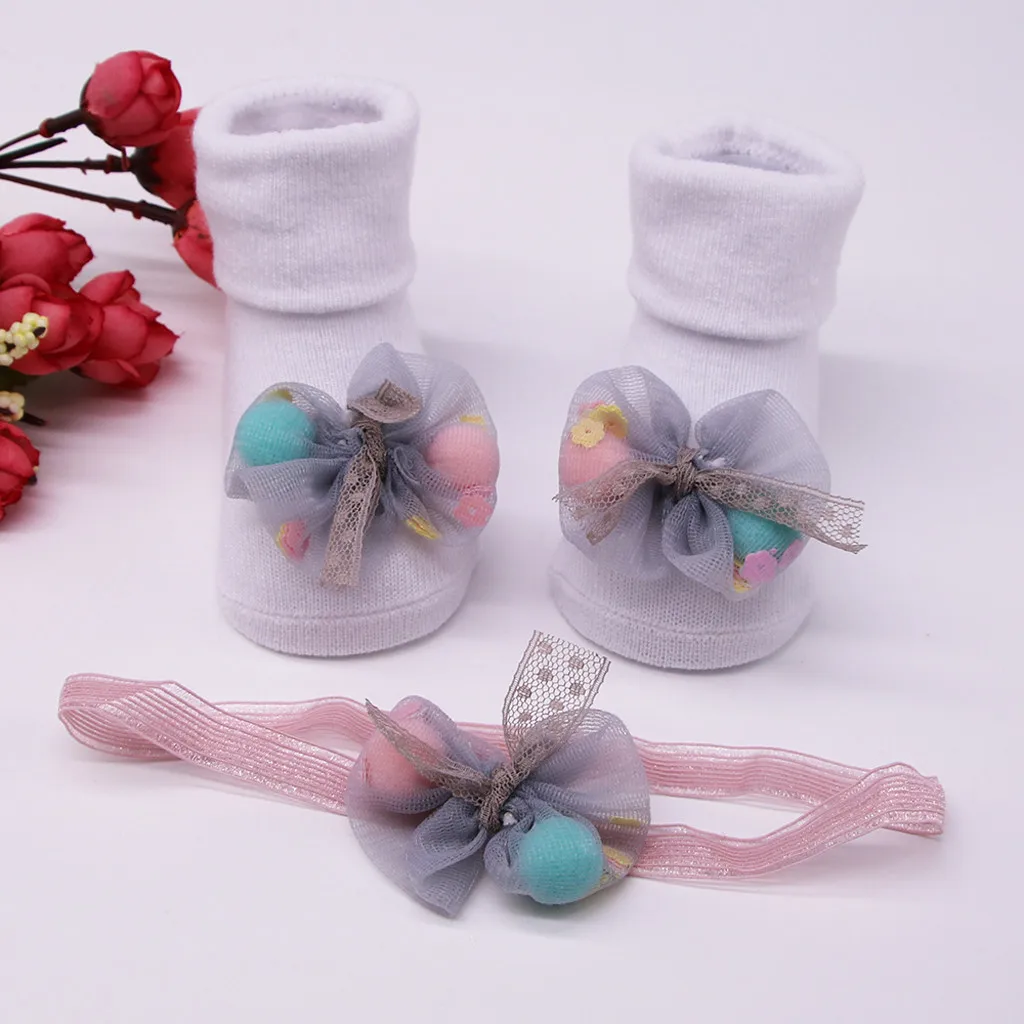 Новые милые мягкие носки для новорожденных девочек с рисунком+ пояс для волос, новые детские Нескользящие носки с аппликацией для Новорожденные малыши и девочек - Цвет: F