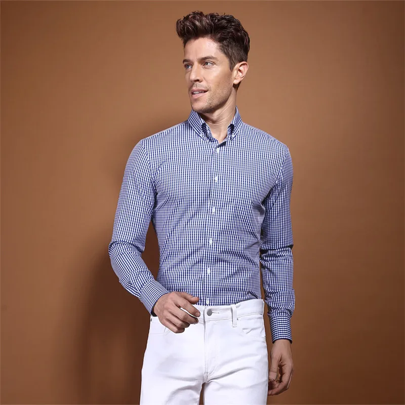 Смарт пять Для мужчин рубашка Slim Fit с длинным рукавом Хлопок Модель года; стиль Вышивка Крестом Картины плед Повседневная рубашка Размеры 5xl Camisa masculina