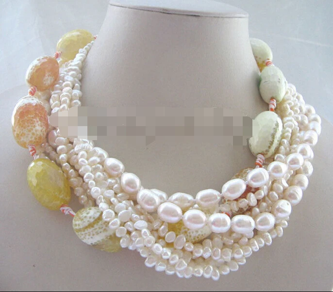 

Miss charm Jew1894 5-6-12mm 10row white baroque freshwater pearl & 30mm agate necklace