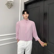 Мужские повседневные розовые рубашки со стоячим воротником, рубашки для влюбленных, мужские винтажные модные нарядные рубашки, сценические костюмы
