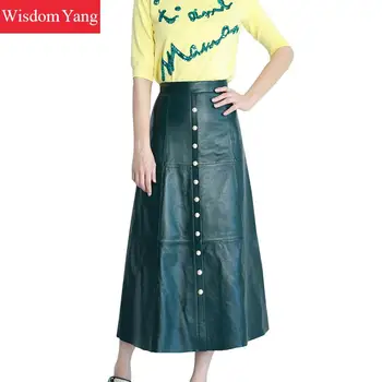 

Summer Black Green Real Sheep Skin Genuine Leather Skirt High Waist Pearl Midi Long Women 2018 Casual Party Ladies Aline Skirts