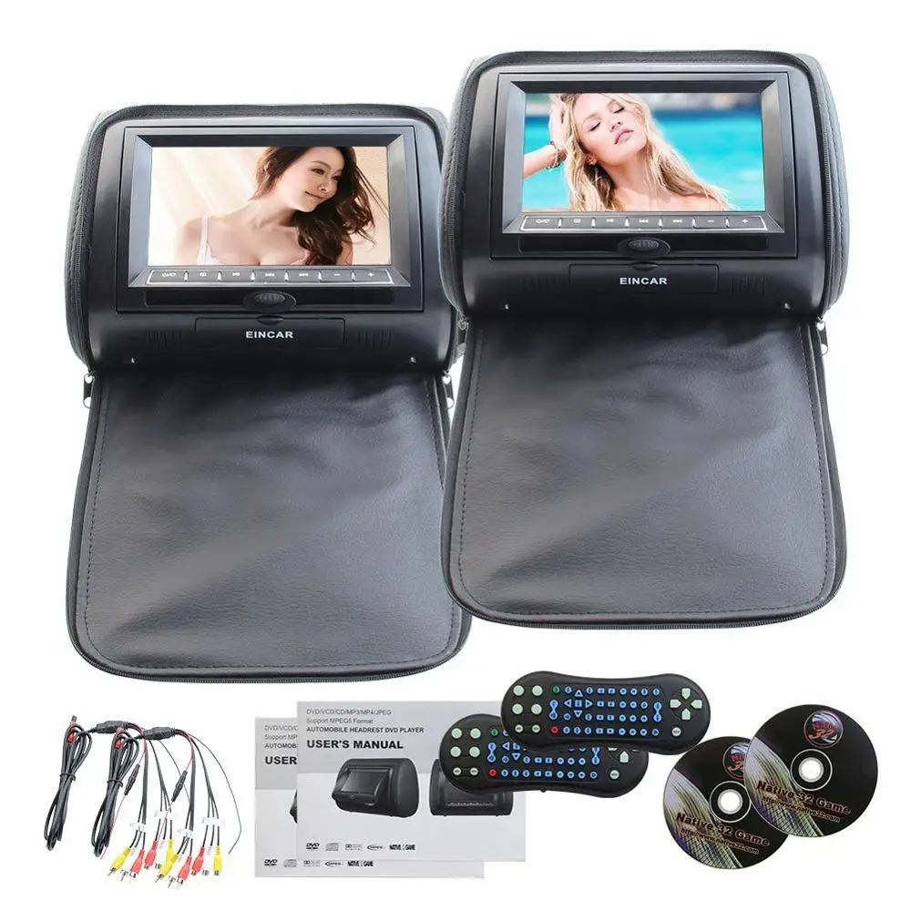 Black Color Pair of dvd Headrest pillow 7'' LCD Car Pillow Monitors DVD