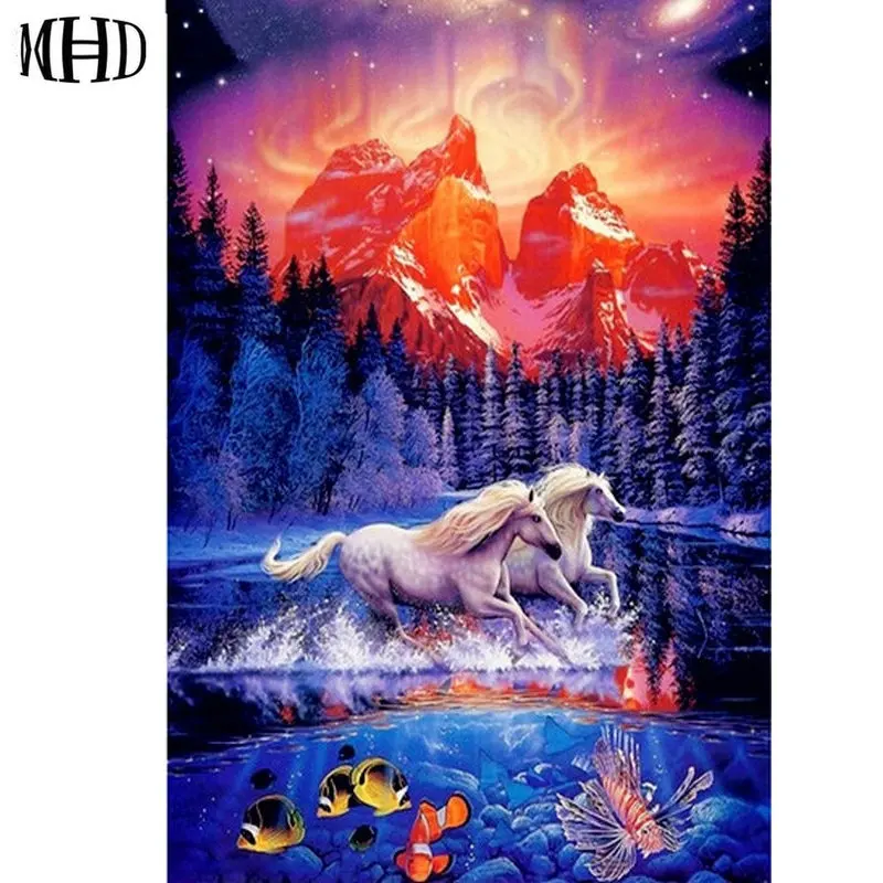 MHD 3d diy Diamonds Paintings Animal Full Square &amp Round Diamond Embroidery Mountain Lynx Icon Rhinestone Mosaic Horse 40x60cm | Дом и сад