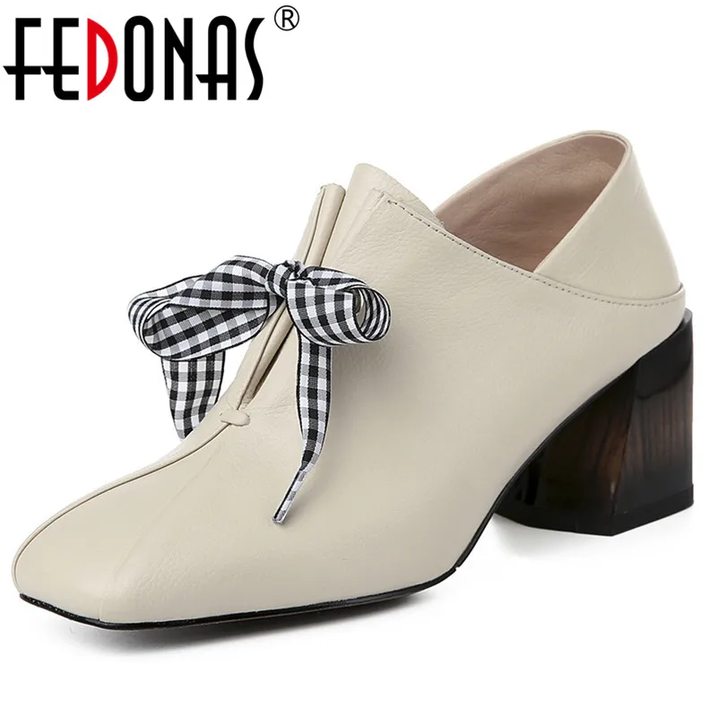 

FEDONAS Rome Style Butterfly-knot Party Wedding Shoes Woman Thick High Heels Four Season Prom Pumps 2019 Genuine Leather Shoes