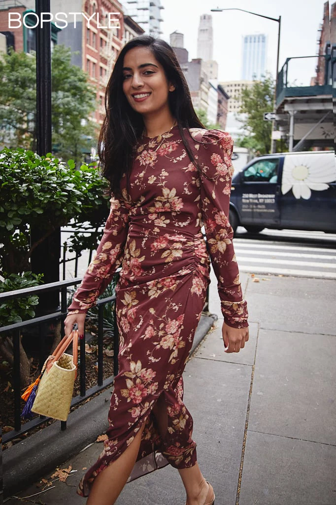 

Limited Edition Top Quality Silk Women Burgundy Unbridled Floral Print Draped Midi Dress Draped & Side Slit Detail & Back Zip-up