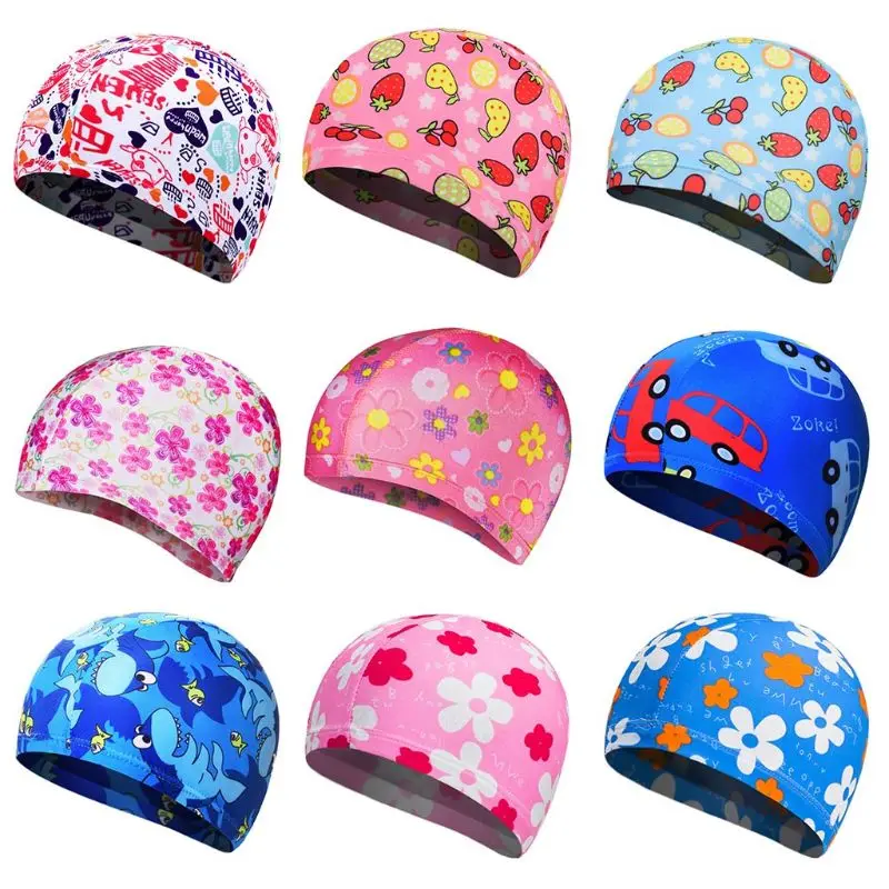 

Children Kids Unisex Polyester Elastic Swim Cap Cartoon Fruit Floral Colored Animal Anti-Slip Ears Protector Sports Swimming Hat