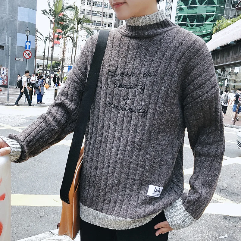 

2019 autumn and winter new male pure color loose collar embroidery long-sleeve Korean version of the trend joker sweater