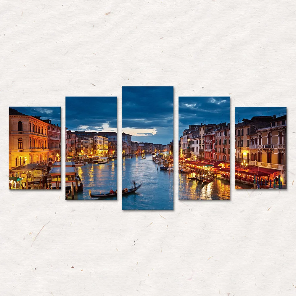 

3D City Town River Painting Bedroom Living Room Background Sofa Wall Modern Home Decor Frameless Five Pictures Inkjet Canvas