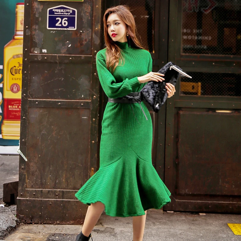 

Autumn Winter Turtleneck Knitted Sexy Sweater Dress Sashes Long Women Dresses 2018 Casual Mermaid Vestidos de fiesta femme