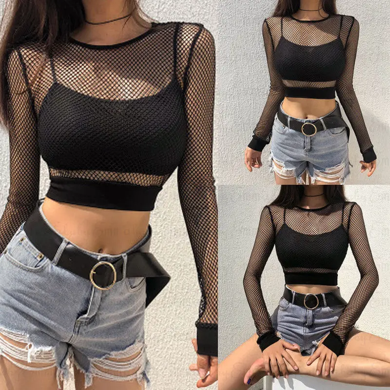 

MeiHuiDa 2018 New style Fashion Women's Ladies Sexy Long Sleeve Hollow Out See Through Mesh Fishnet Crop Top Blouse