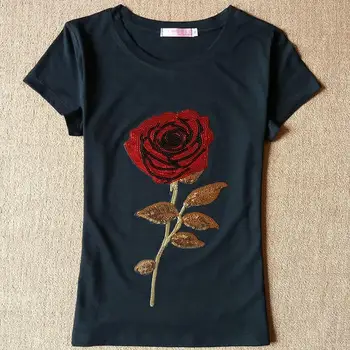 

new sequined roses t-shirt short-sleeved women's camisetas mujer