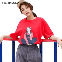 Женский сезон: весна–лето o-образным вырезом свободные плюс Размеры футболки Для женщин модная одежда для девочек Футболка с принтом из мультфильма дамы Повседневное Harajuku Топ Q415