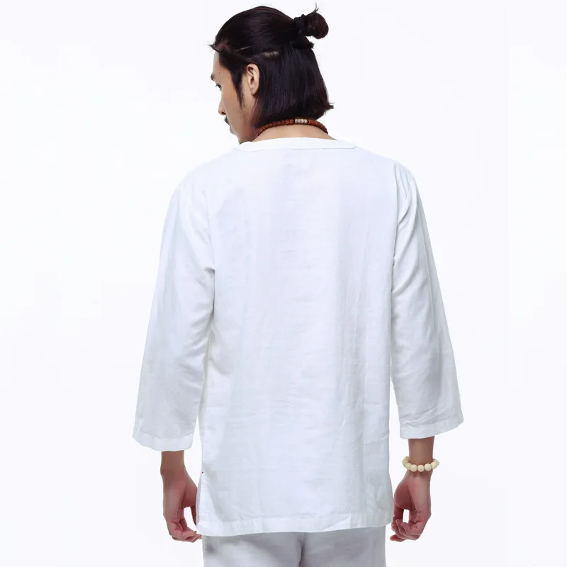 Китайская Мужская льняная рубашка с v-образным вырезом и рукавом три четверти, винтажный стиль, мужская рубашка с рукавами, одноцветная летняя белая пляжная одежда