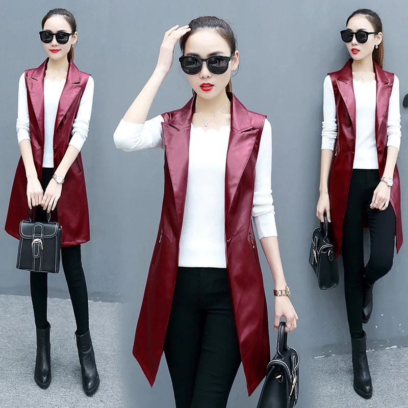 2018 New Fashion Women Long Vest Coat PU Leather Elegant