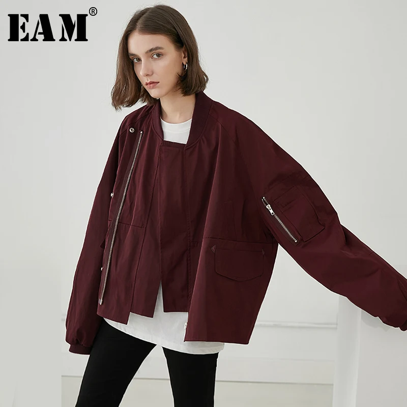 

[EAM] 2019 New Autumn Winter Stand Collar Long Sleeve Purple Loose Big Size Oversize Jacket Women Coat Fashion Tide JX152