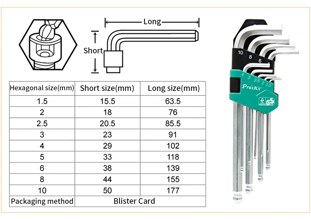 Бренд Pro'skit высокого качества 9 шт. длинные шаровые точки прочные усиленные жесткие метрические гаечные ключи шестигранник инструментальный ключ набор 1,5-10 мм