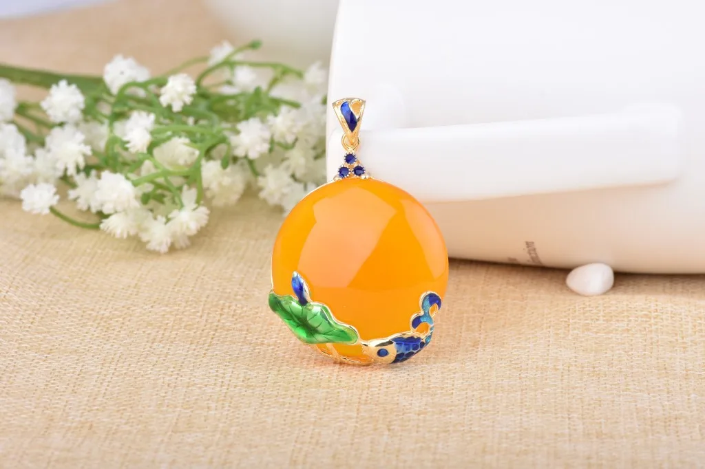 

S925 silver inlaid pith, cloisonne enamel, colorful flowers, small fish, marrow Pendant