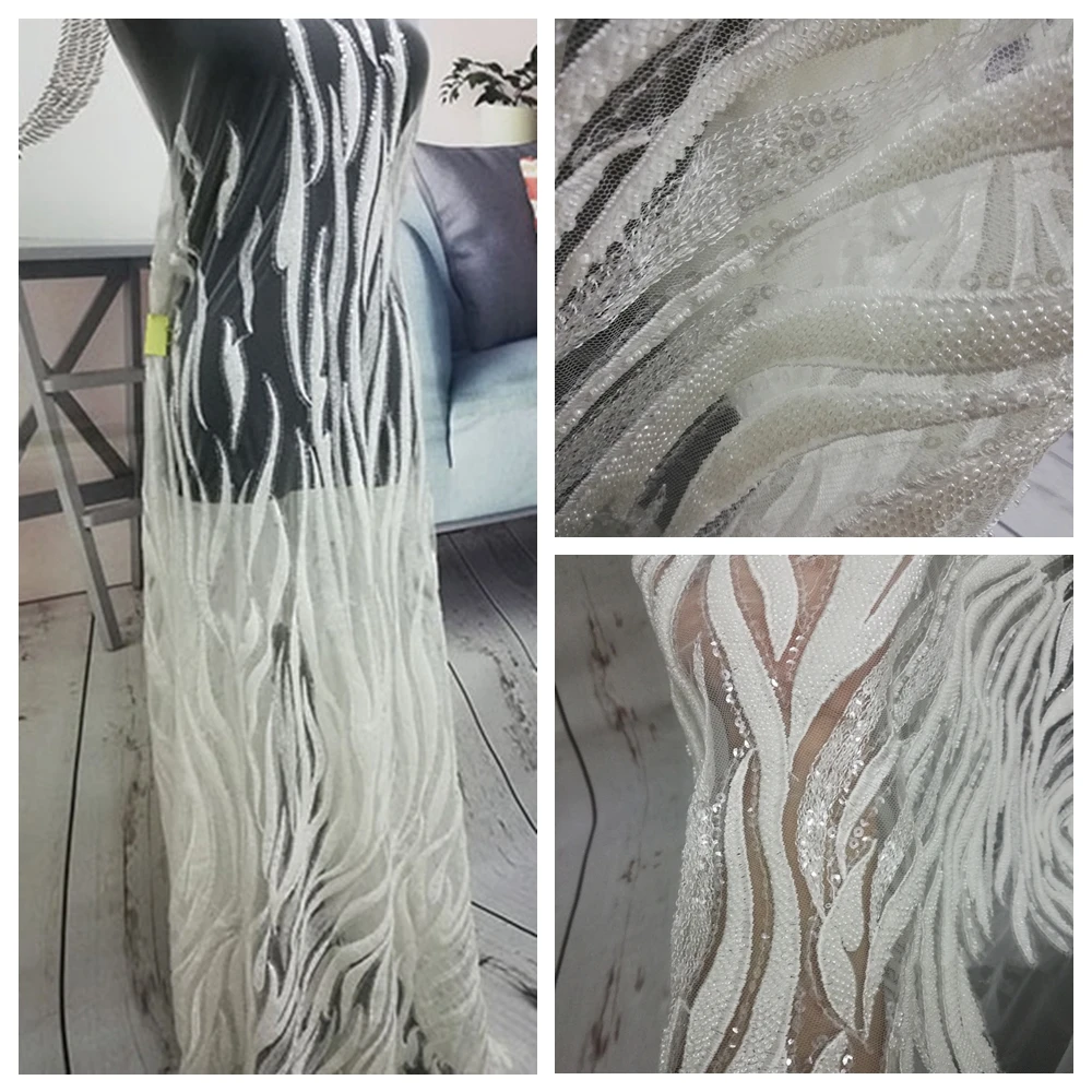 

Heavy Beaded Lace Fabric High Quality Haute Couture Luxury Sequins design tulle French lace fabric for dresses by yards