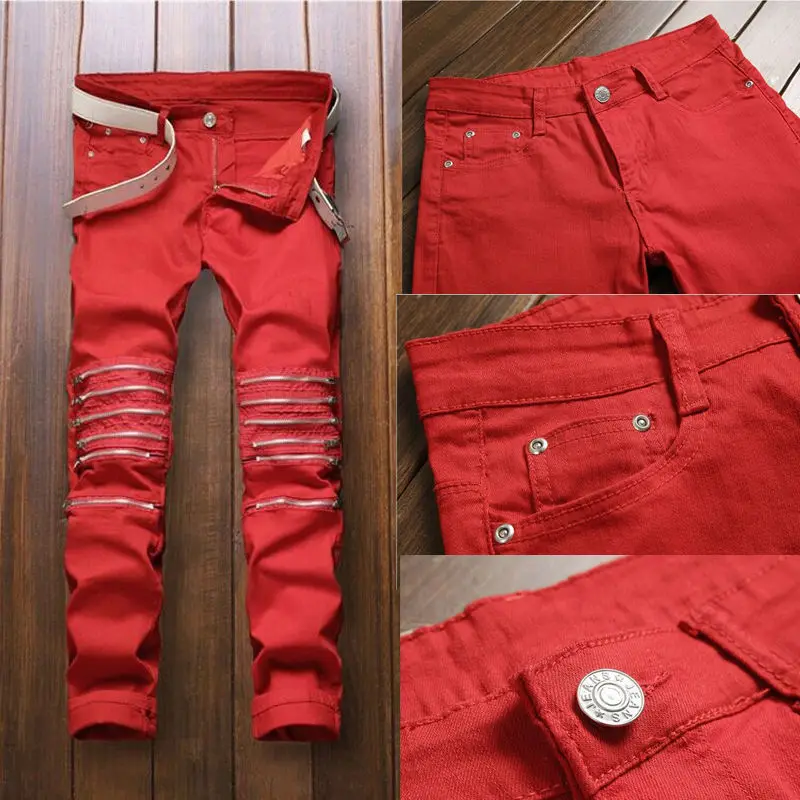 Hirigin Red Jeans Fashion Men Ripped Jeans Pants Biker Classic Skinny