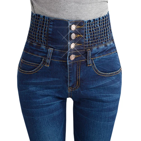 Весенне-Осенние эластичные вельветовые джинсы с высокой талией, женские ноги-манекен, большие размеры, тонкие джинсы с эластичной резинкой на талии - Цвет: Синий