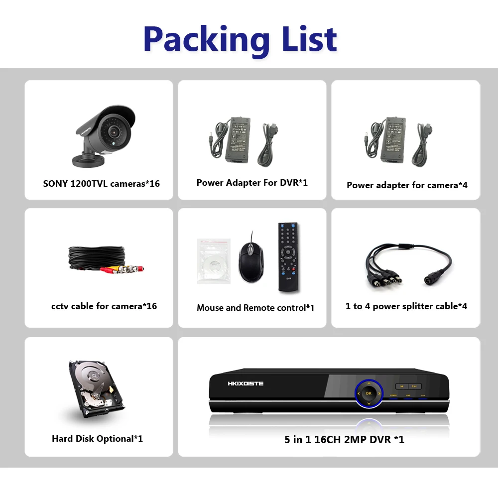 HKIXDISTE 16CH система наблюдения AHD 1080P CCTV DVR комплект 16 каналов HDMI SONY 1200TVL Камера Наборы