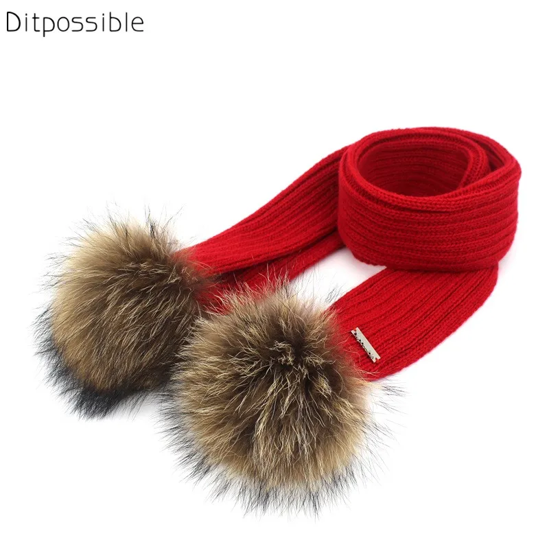 

Ditpossible kids winter scarf with detachable real raccoon fur pom poms boys Girls warm neckwarmer scarves big pompom fur scarf