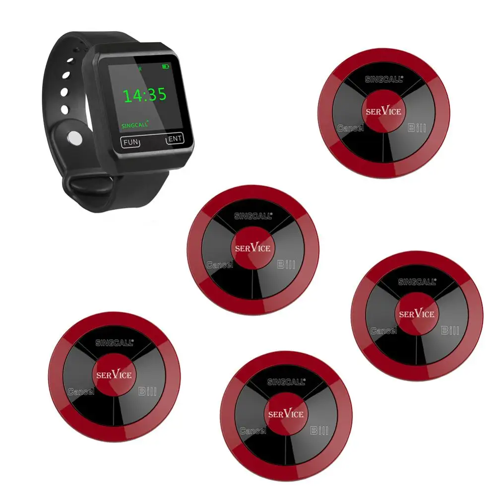 

SINGCALL wireless waiter call bell system ,5 waterproof pagers with three keys and 1 black APE6800 mobile watch receiver