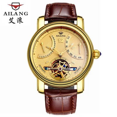 AILANG Flying Tourbillon Мужские часы, автоматические механические часы со скелетом, мужские водонепроницаемые Авто-зазоры Horloges Mannen, Прямая поставка - Цвет: Gold shell side