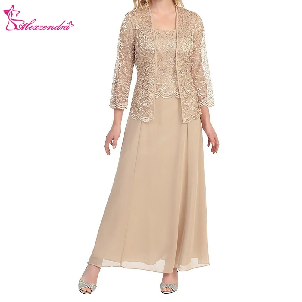 

Alexzendra Tea Length Chiffon Champagne Mother of Bride Dress with Lace Jacket Elegant Prom Dress Plus Size Party Dresses