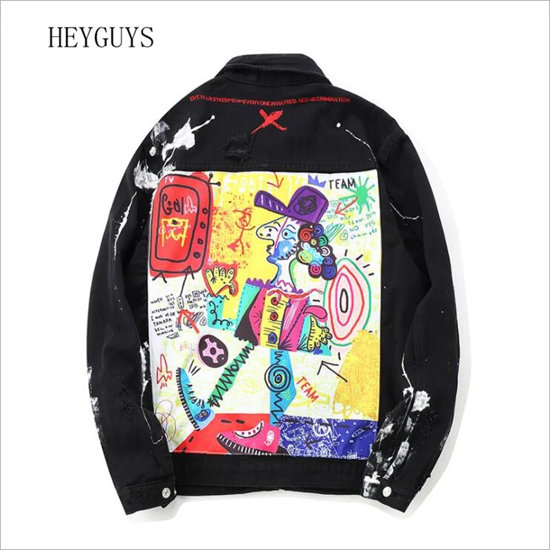 

Graffiti Appliques Hip Hop Jean Jacket Men 2018 Art Gone Mad Turn Down Collar Denim Jackets Men Streetwear Clothes Rated