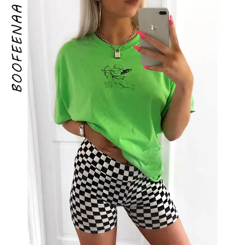 

BOOFEENAA Neon Green Angel Print Graphic Tees Women Tshirt Streetwear Harajuku Aesthetic Summer Casual Short Sleeve Tops C67-I80