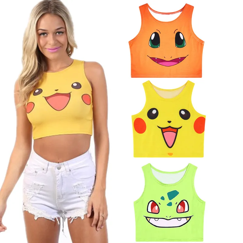 

New Cartoon Pattern Crop Top Women Camis Pikachu Charmander Squirtle Print tank Tops Colorful Sleeveless Tee Vest