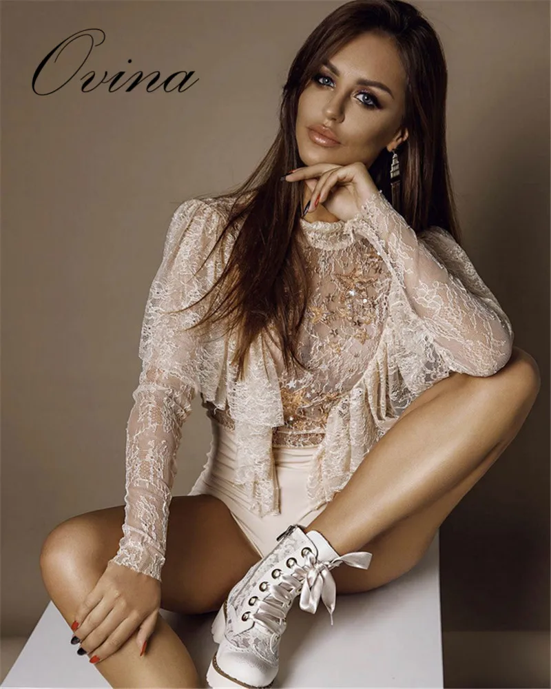 

Sexy Women Long Sleeve Perspective Lace Luxury Fashion Women Playsuit New Arrival