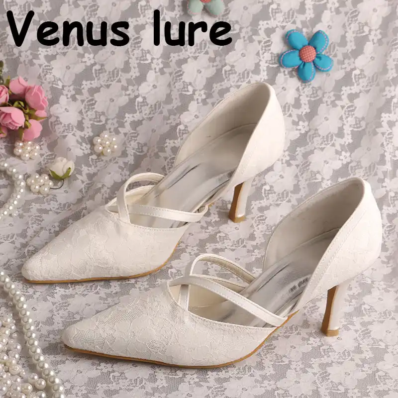 Customized Medium Heel Shoes For Women Ivory Lace Pointed Toe