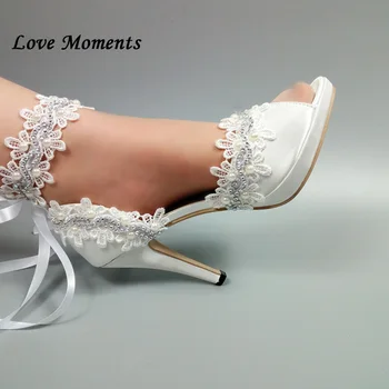 

Love Moments White Lace Peep Toe Party Dress shoes Womens Wedding shoe Open Toe Ankle Strap Lace-up Pumps High shoes
