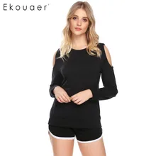 Ekouaer сексуальная пижама Топ Женская футболка с длинными рукавами и холодным плечом ночное белье Женская повседневная одежда для сна серый черный