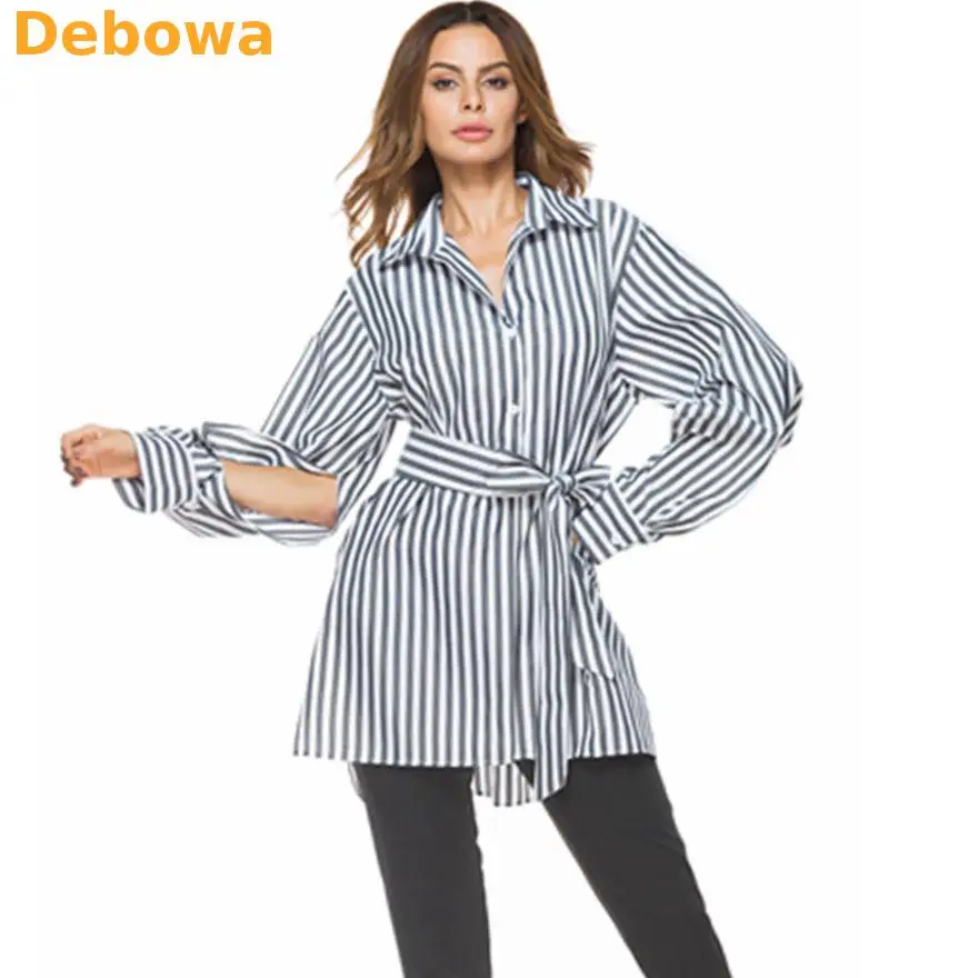 

Debowa Spring Autumn New Fashion Plus Size Women Blouse Single Breasted Striped Shirt Sashes Large Size Bare Arm Tops
