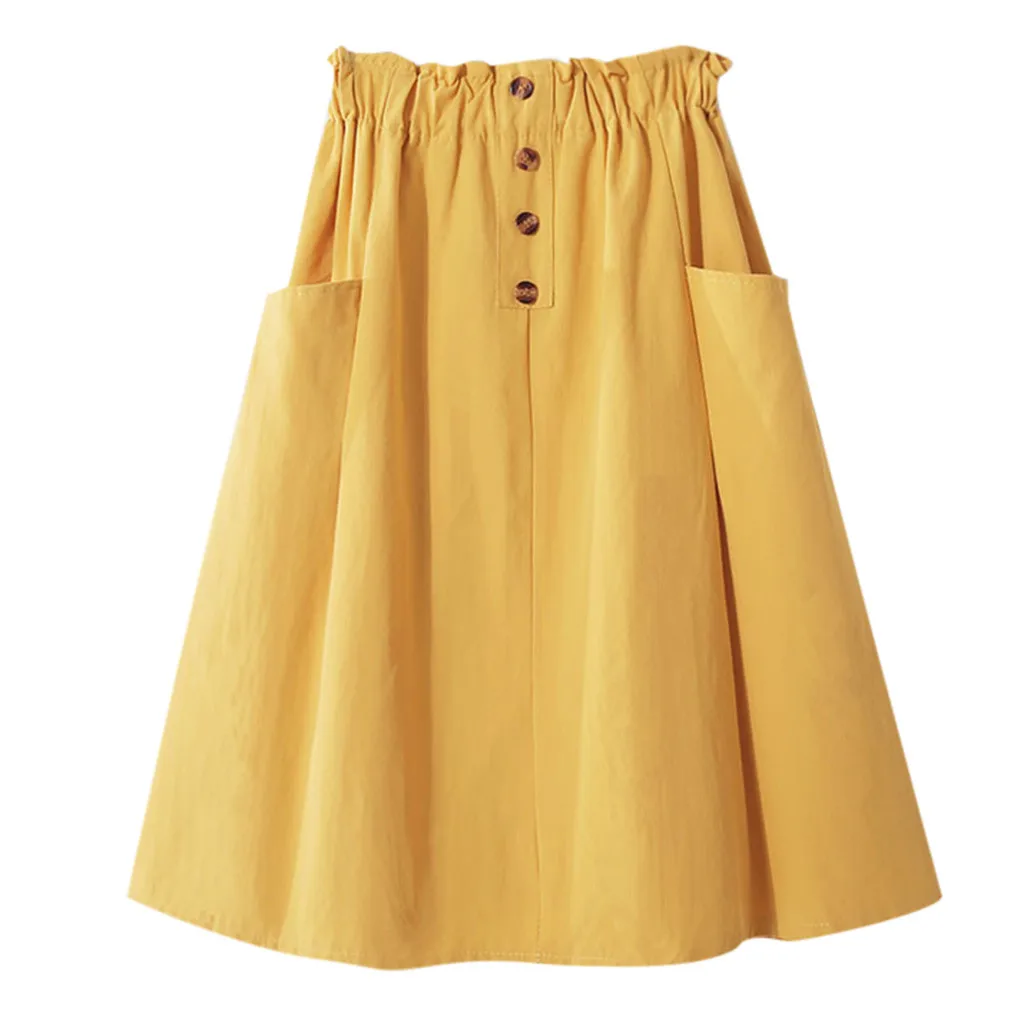 Страусиная женская юбка, студенческий стиль, одноцветная, высокая талия, двойной карман, пуговица, достойная мода, Летняя короткая юбка под него - Цвет: Цвет: желтый
