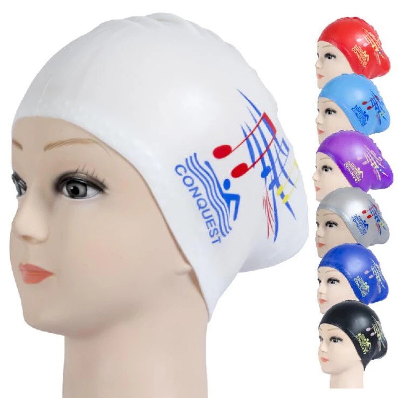 Женская Водонепроницаемая силиконовая шапочка для плавания, принт со звездами и музыкальными нотами, удобные защитные уши, длинные волосы, шапочки для бассейна, шапка размера плюс