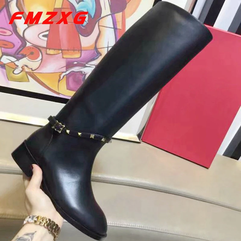 

Women Boots Over The Knee Leather Women's Boots Thigh Genuine Leather High Heel Boots Leather High Quality Designer Rivet Boots
