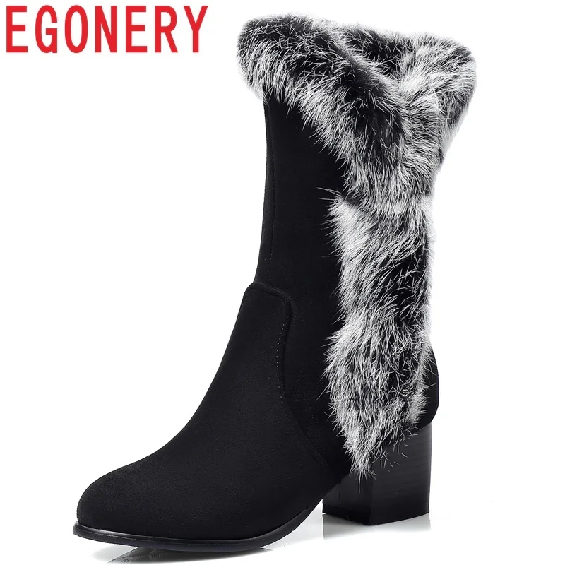 

EGONERY women shoes 2018 winter new concise round toe flock high square heels zipper black and beige outside warm mid calf boots