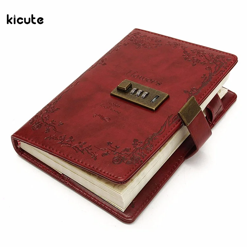 

B6 Retro Red Rose Leather Wired Journal Diary Blank Paper Notebook With Lock Sketchbook Notepad Gift Office School Supplies