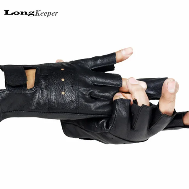 LongKeeper Genuine Leather Gloves for Men Half Finger Fingerless Gloves