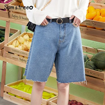 

Sam's Tree Vintage Women Summer Shorts Female High Waist Female Flare Denim Jeans Short Fringed Edge Office Ladies Cotton Shorts