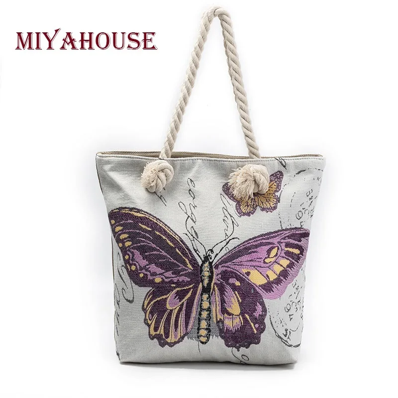 

Miyahouse Butterfly Printed Casual Tote Shoulder Bag Women Canvas Ladies Beach Bag Large Capacity Women Shopping Bag