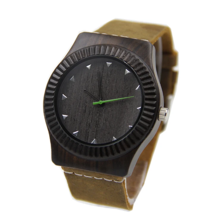 men japan movement Fashion Bamboo black Wood Watch with Genuine Leather Watchband For man Gifts