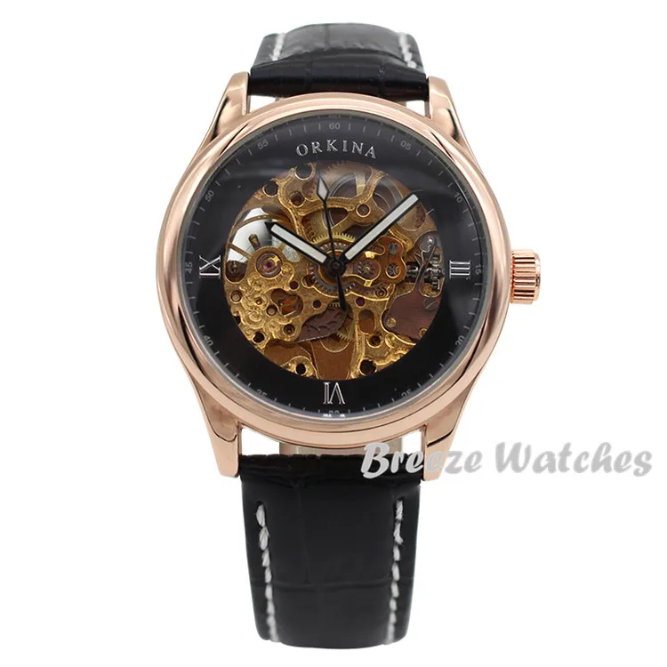 

MG. ORKINA Retro Watch Leather Band Engraving Hollow Skeleton Dial Auto Mechanical Male Wristwatche Orologi Uomo