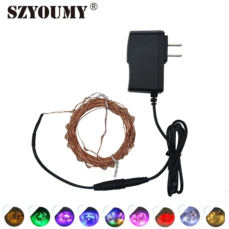 

SZYOUMY 5M 10M DC Connector LED Copper Wire Outdoor Christmas Silver String Fairy Lights With 12V 1A Power Plug 50 Sets a lot